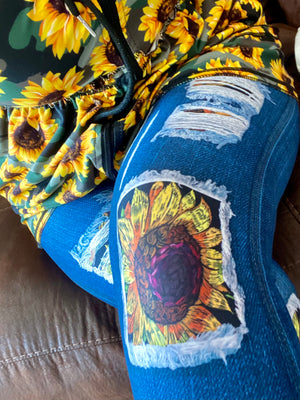 Vintage Sunflower Stitch Patch Jean Leggings