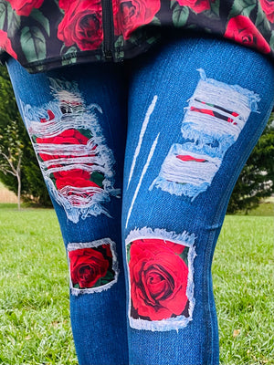 Romantic Red Rose Patch Jean Leggings