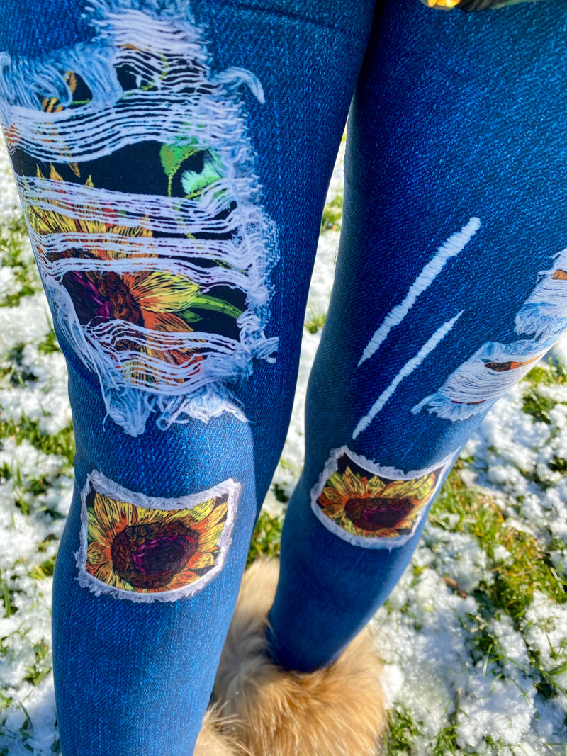 Vintage Sunflower Stitch Patch Jean Leggings