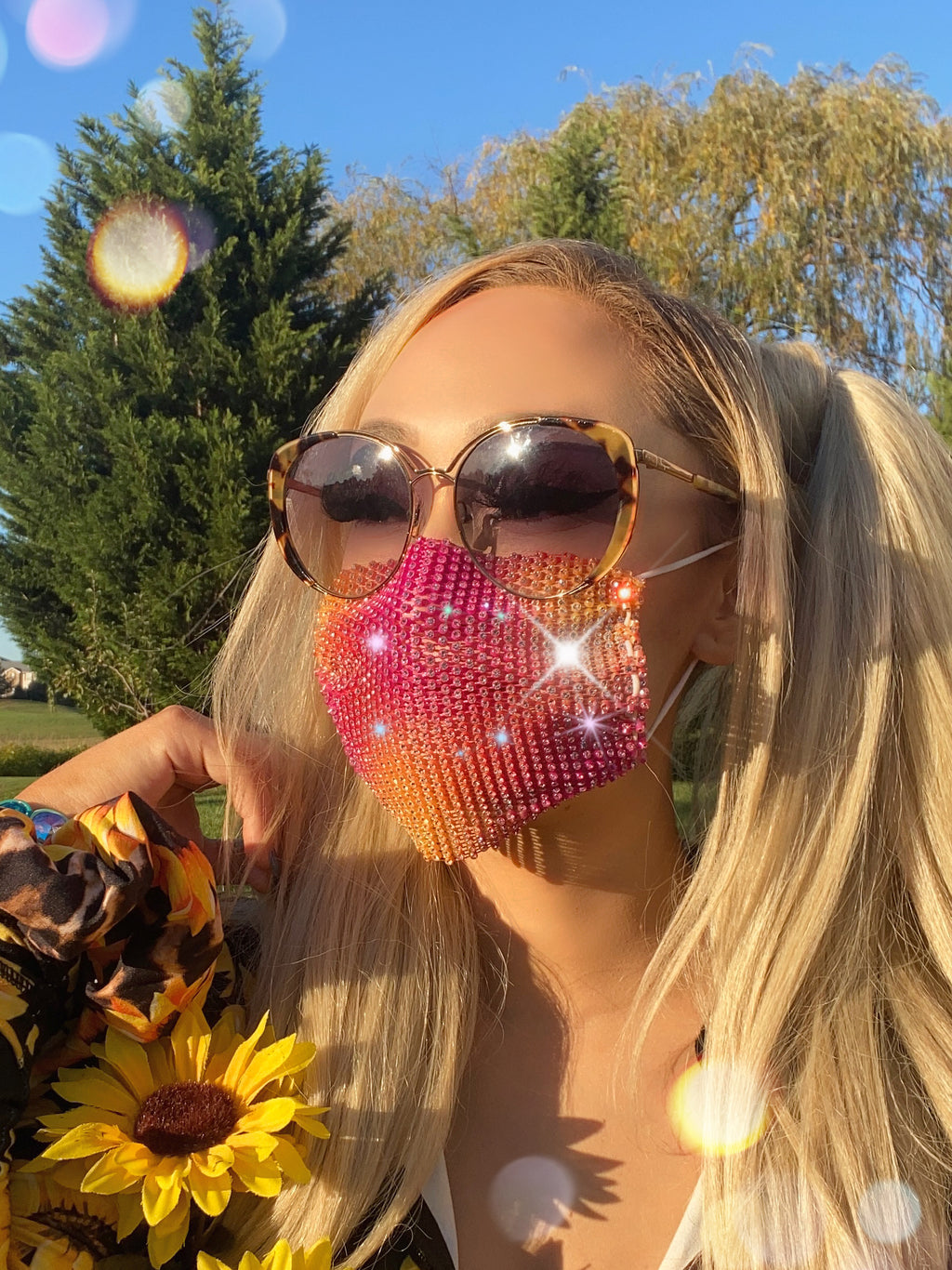 Pink Yellow Sparkly Rhinestone Face Mask