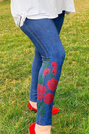 Red Roses on Blue Jean Leggings