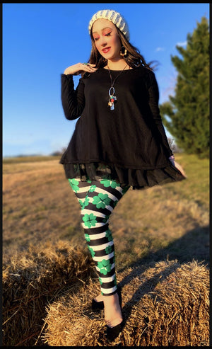 Green Shamrock Clover Stripe Leggings