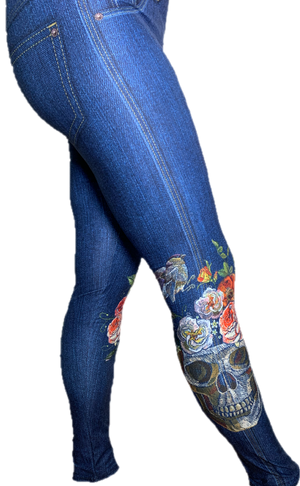 Skulls & Roses Blue Jean Leggings