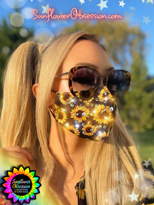 Sparkly Sunflower Face Mask with Rhinestones