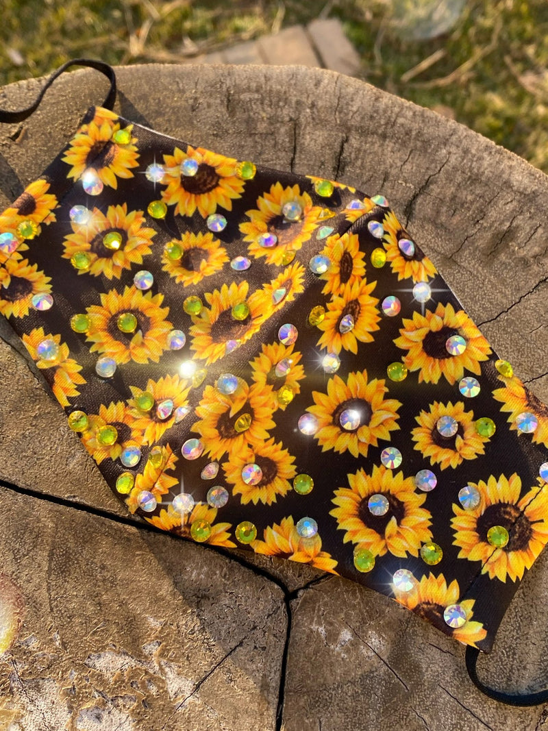 Sparkly Sunflower Face Mask with Rhinestones