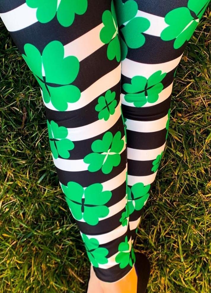 Green Shamrock Clover Stripe Leggings