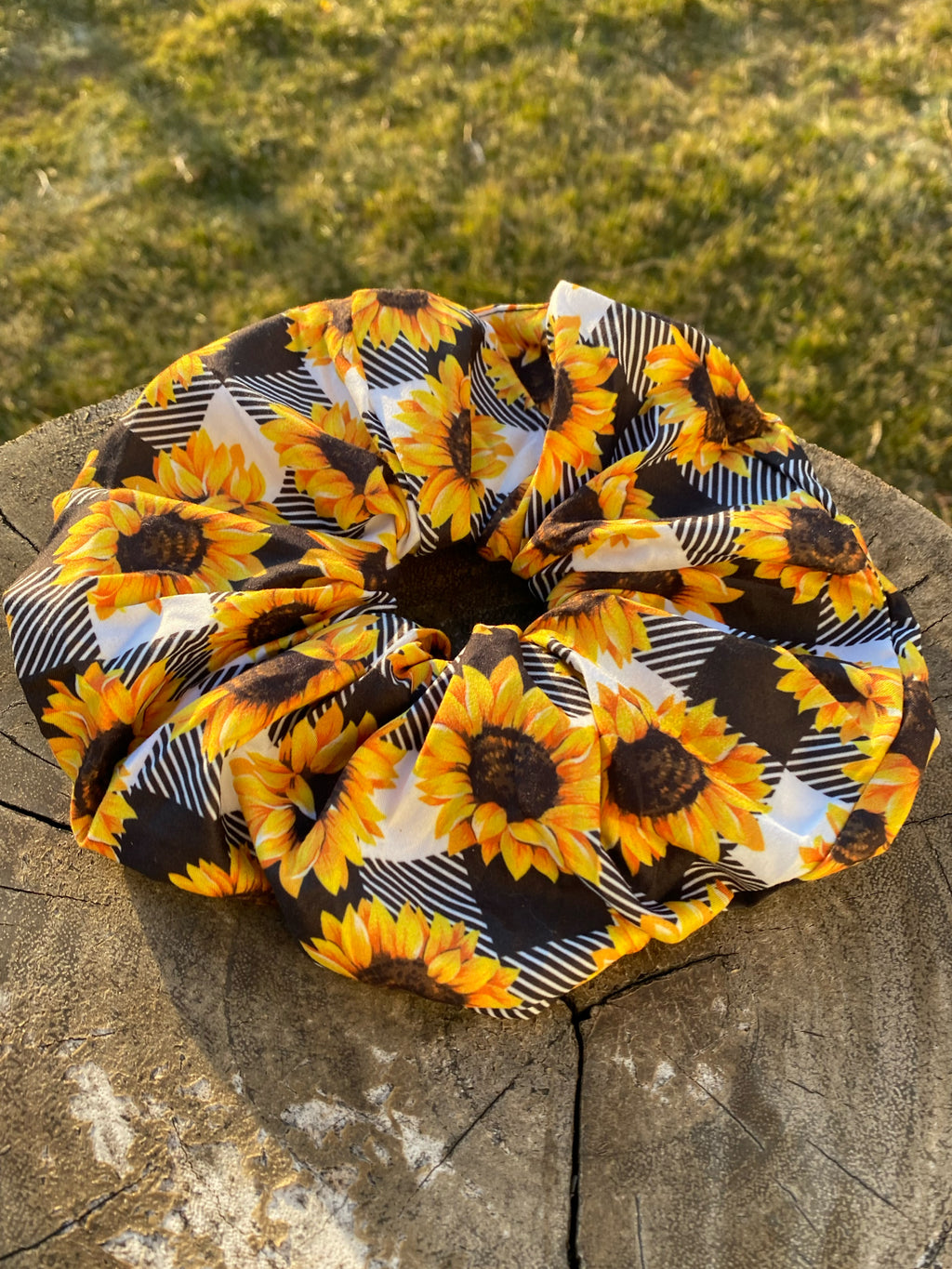 Sunflower Black & White Plaid Hair Scrunchie