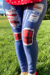 Red Plaid Patch Jean Leggings