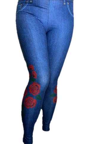 Red Roses on Blue Jean Leggings